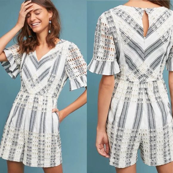 Anthropologie Ett:twa Striped Eyelet Romper Blue White Sz 2 - Picture 1 of 6